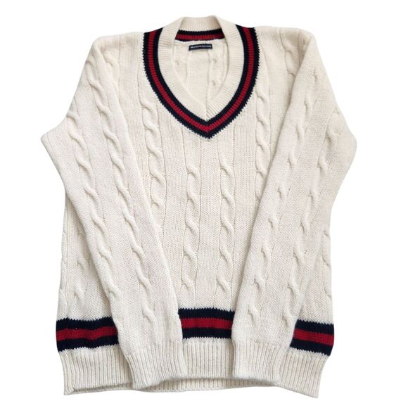 Brandy Melville Wool Blend Cable Knit Sweater-V Neck-Stripe Trim-Varsity-Prep-OS - Picture 2 of 12